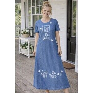 Vintage 80s Denim Maxi Dress Cat Dog Print Donna USA Med Folk Art Quirky Modest